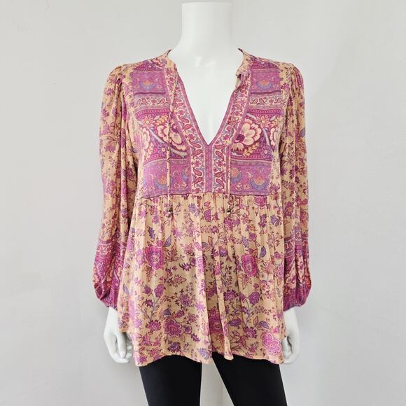 Spell & the Gypsy Collective Blouse Top XS Folk Song Floral Blossoms Puff Sleeve - Picture 1 of 12